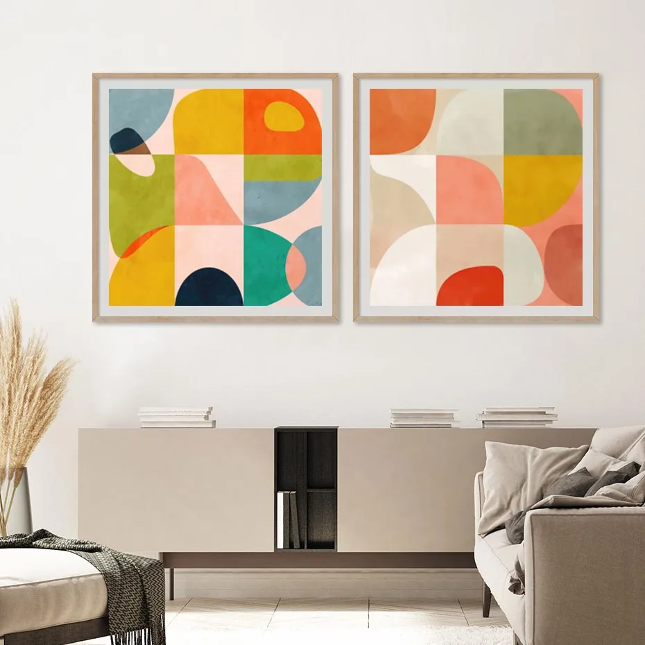 Mid Century Abstract Watercolor Colorful Geometric Poster Canvas Print Painting Wall Art Picture for Living Room Home Decoration
