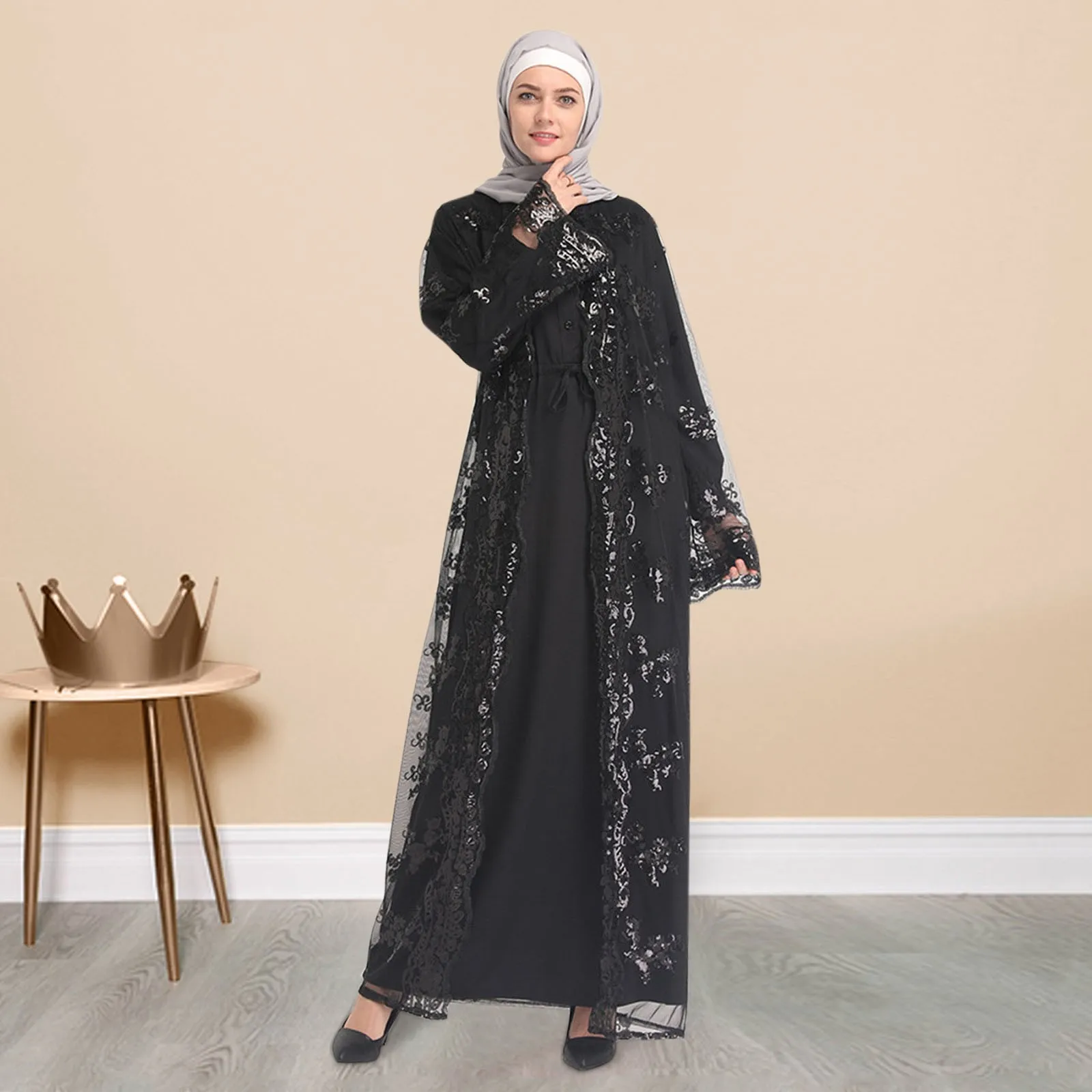 Abaya Loose Long Cardigan Sequin Hollow Muslim Cardigan Kaftan Out Cardigan Arab Womens Women's Cardigan - Image 3