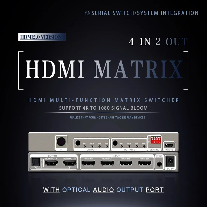 Splitter Switch Matrice Hdmi 4X2 Hdmi-Compatibile Con Controllo Rs232 Ed Edid Interruttore Spdif Hdr Supporto 4X2 Hdcp 2.2 3D 4K 60Hz