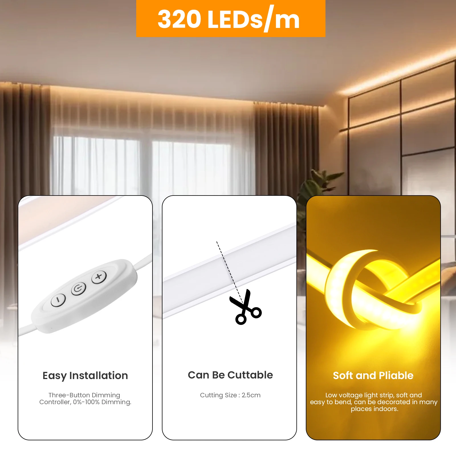 Waterproof COB LED Strip USB 5V 320LEDs/m Flexible Neon Lights S6dde3a1927104815909691edb5a4e82d2