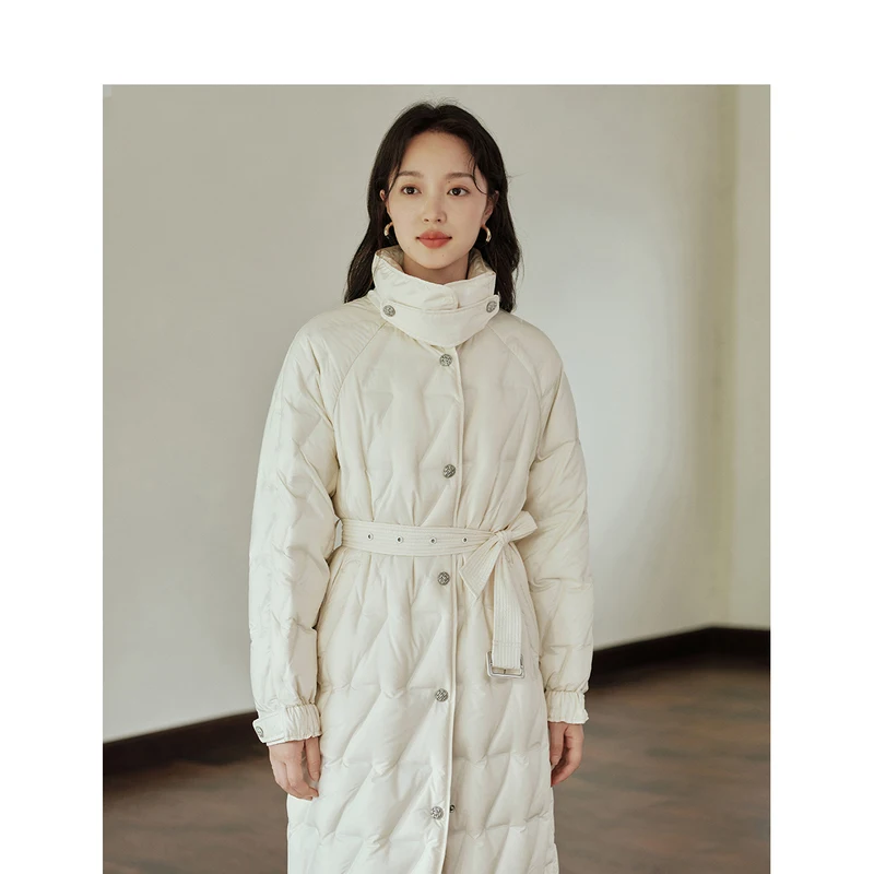 INMAN Women Long Down Jacket 2023 Winter Stand Collar Loose Thick Coat Lace Up Waist Design Warm Fashion Khaki Apricot Overcoat