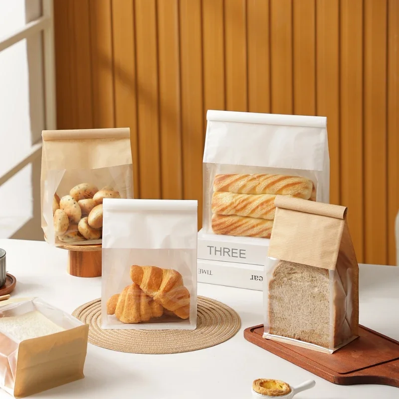 50pcs Toast Slice Packaging Bags Baking Pastry Bread Sealed Fresh-keeping Bag Kraft Paper Wire Rolled Edge Self Sealing Pocket