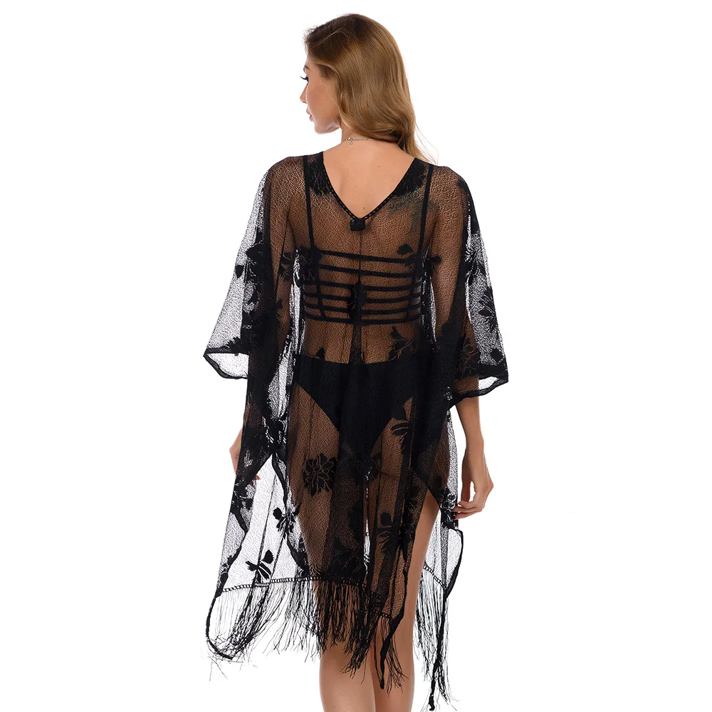Sexy Women's Tulle Fringe Bikini Cover-up V-neck Swimsuit Set Summer Beach Length Sleeve Dress Lace Hollow Out Clothes