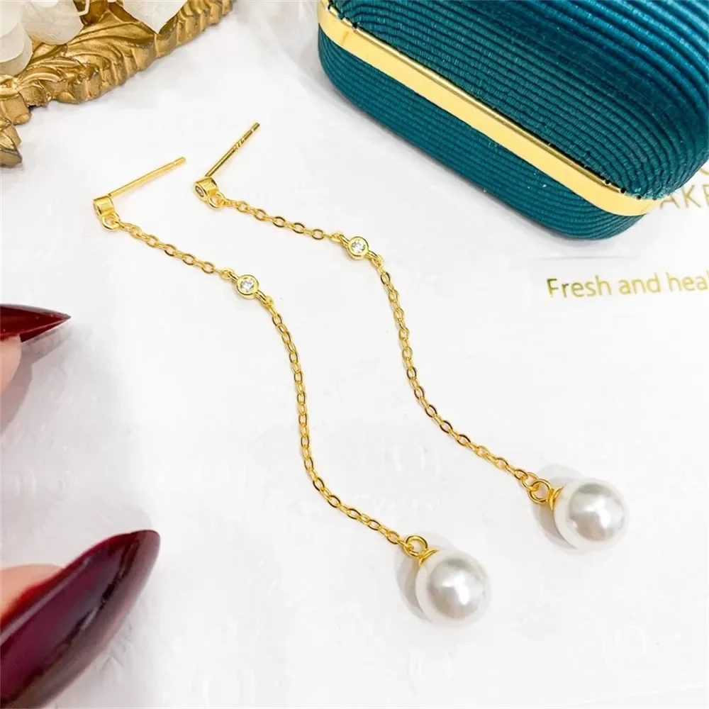 

DIY Pearl Accessories S925 Pure Silver Ear Nail Empty Holder Gold Silver 6cm Earline Fit7-12mm Round E270