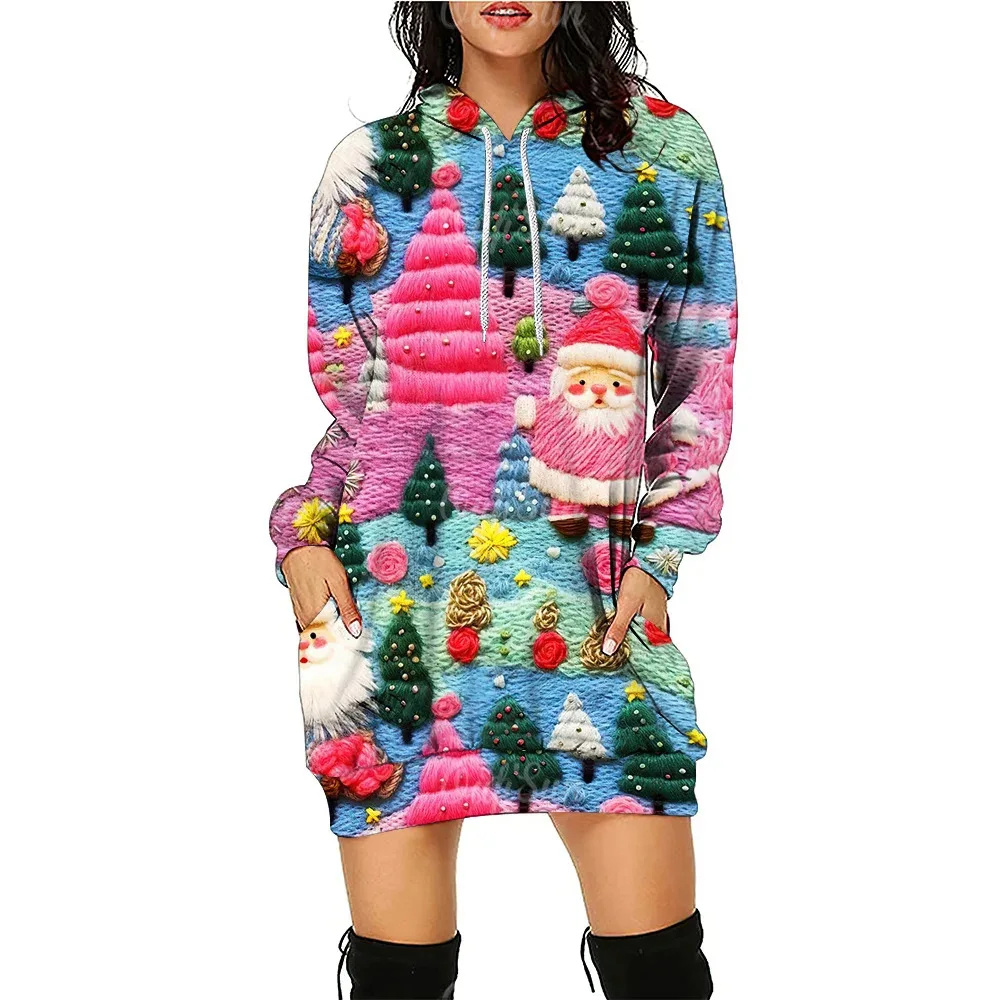 thumbnail image 1 of Vestido tipo jersey con capucha y elementos navideños divertidos con estampado digital 3D de Navidad para otoño, 1 of 5