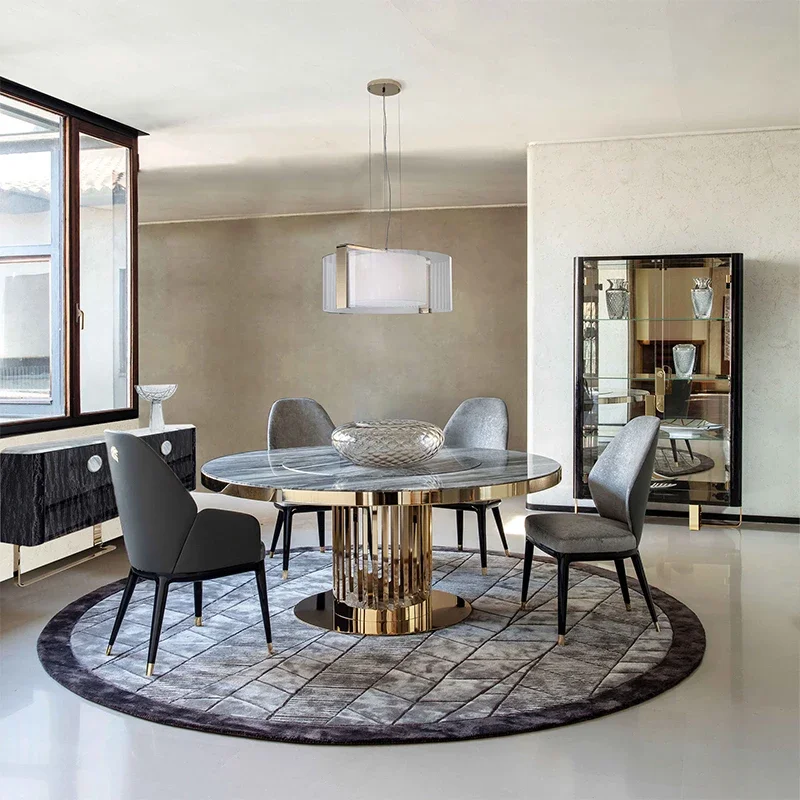 

Italian light luxury marble dining table and chair combination designer high-end villa stainless steel metal modern simple round