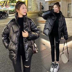 Down Cotton Jacket Women Solid Colors Stand Collar Casual Parkas Loose Zipper Long Sleeve Glossy Coat Windproof Warm Overcoat
