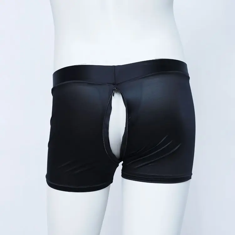 Men's Zipper Open Crotch See Through Ice Silk Thin Glossy Shorts Panties Casual Sleeping Shorts Bottoms Underwear