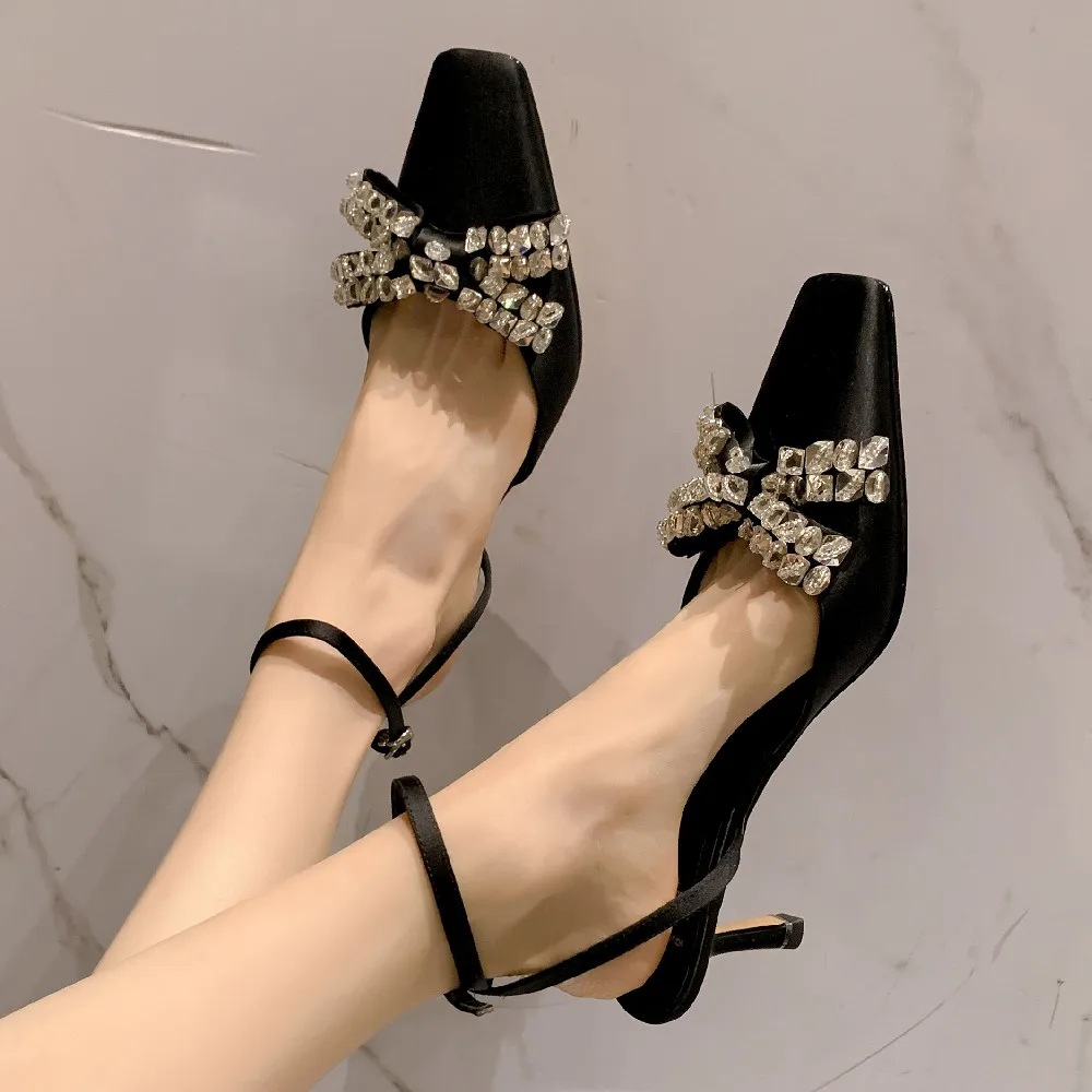 

Women's sartin fabric thin high heel ankle strap slingback sandals square toe sweet crystal bowtie elegant ladies dress pumps