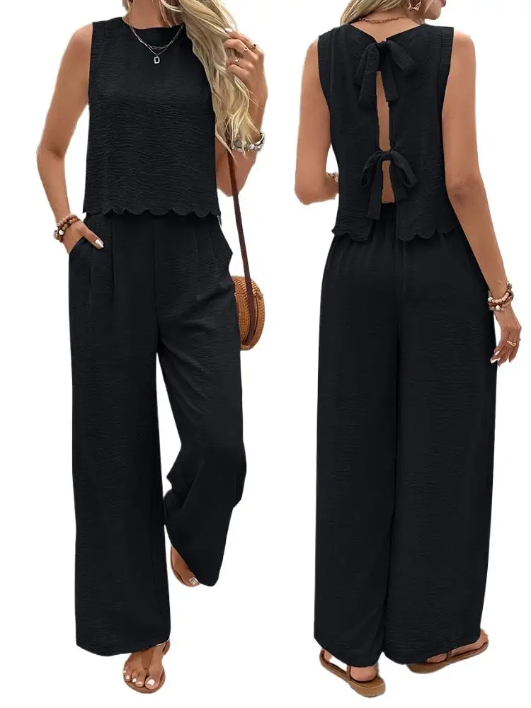 Women Summer Pant Suits Ruched Tank Tops and Wide Leg Trousers