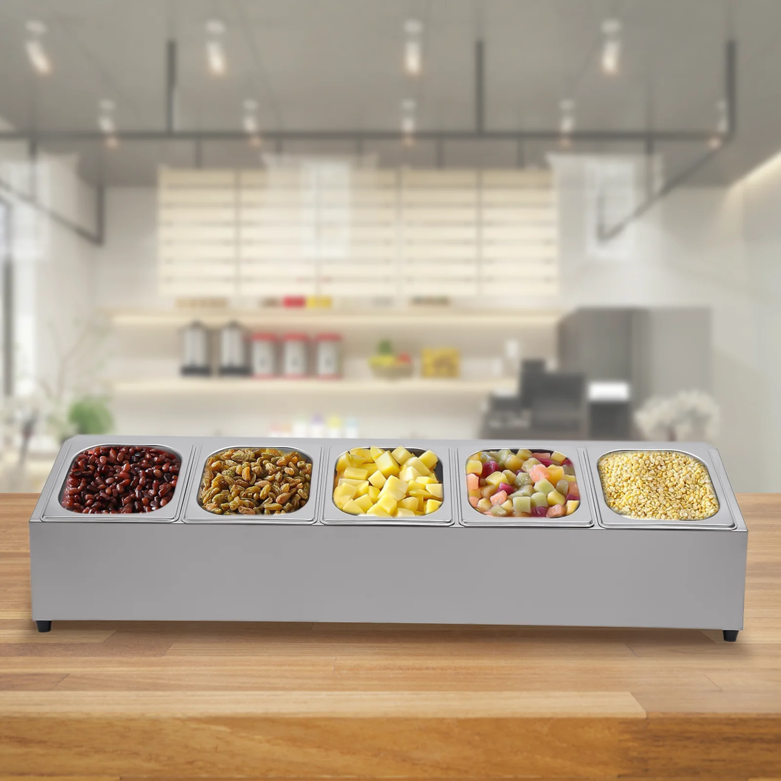 Pizza Topping Station Organizer Condiment Container w/5 Pans & Lids, Stainless Steel Seasoning Food Containers