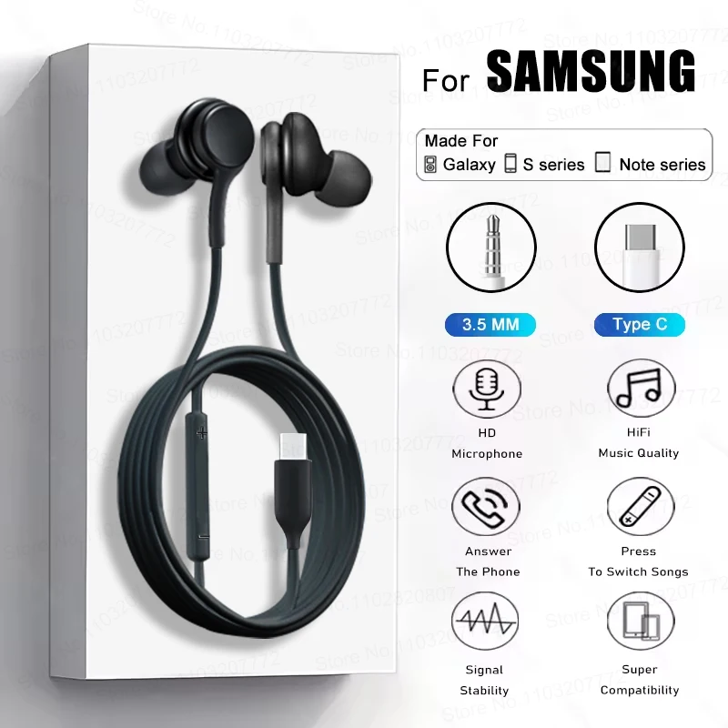 Premium Type C Wired Earphones – High-Quality Sound with 3.5 mm Earbud Headphones