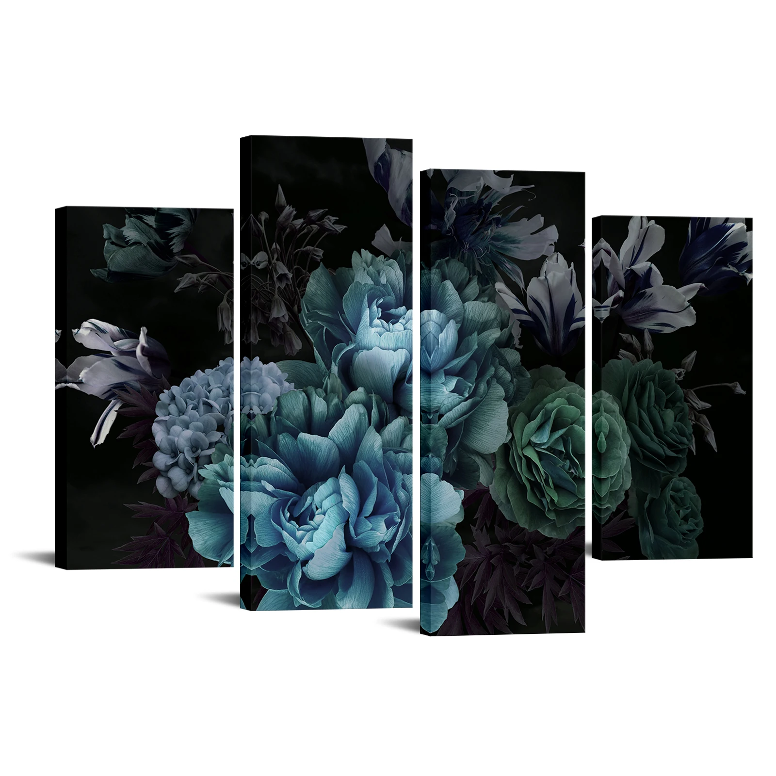 

4 Pieces Beautiful Flowers Home Decor Poster Black Background Print Canvas Painting Modern Style Picture Living Room Wall Art
