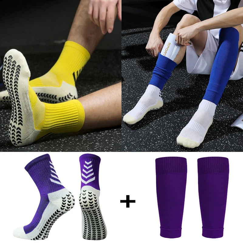 

A Set Anti Slip Soccer Socks Adults Sports Towel Bottom Elasticity Football Shin Guards Legging Cover Protection Gear Grip Sock