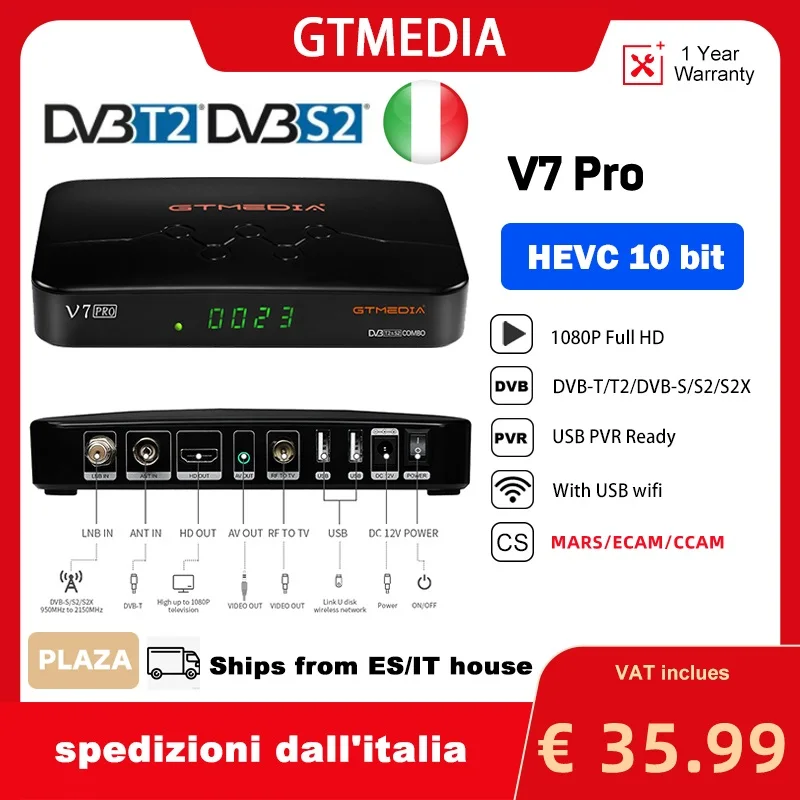 Ricevitore Tv Satellitare Gtmedia V7 Pro Combo Dvb-S/S2/S2X + T/T2, Supporto Mars/Ecam/Ccam,Multi-Stream, Slot Per Schede Ca Tv Box Con Wifi