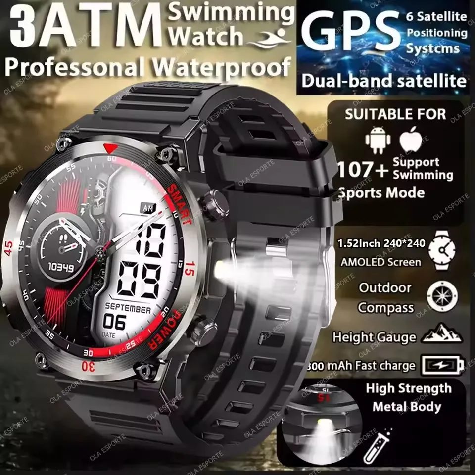 2025 New Men Sports Smart Watch GPS AMOLED Heart Rate Monitoring LED Flashlight NFC Bluetooth Call 3ATM Waterproof Smartwatches 2