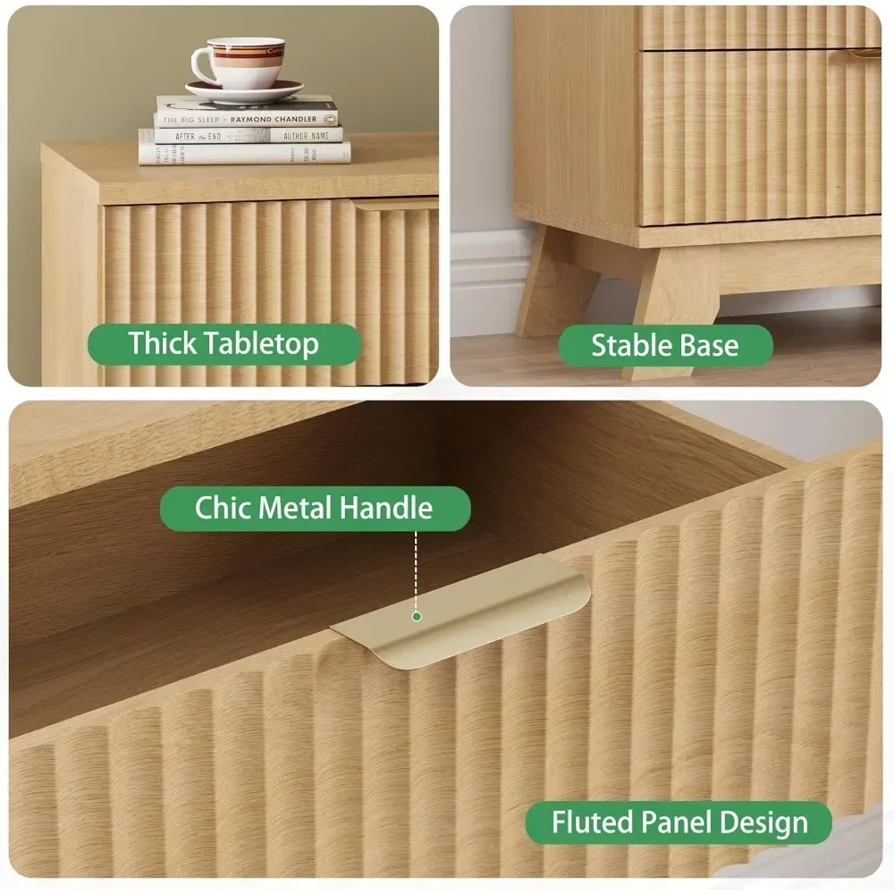 Mid-Century Modern 24" Wide Fluted Nightstand with 3 Drawers and Metal Handles