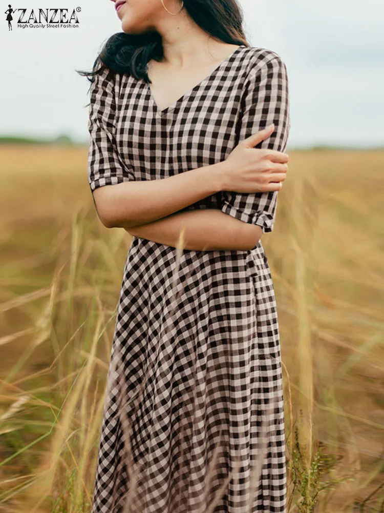 

ZANZEA Casual V Neck Party Dresses Ruffle Hem Autumn Holiday Plaid A-line Vestidos Half Sleeve Women Elegant Checked Midi Dress