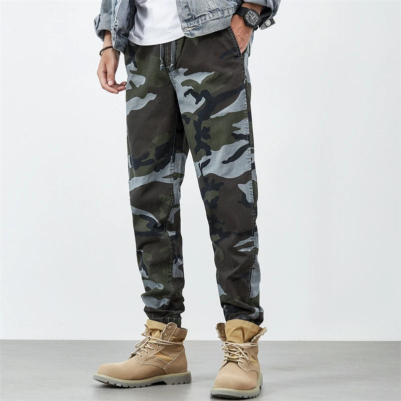Men's Camouflage Cargo Pants Drawstring Khaki Tactical Trousers Regular Fit Hiking Pants Breathable Cotton Fishing Trousers