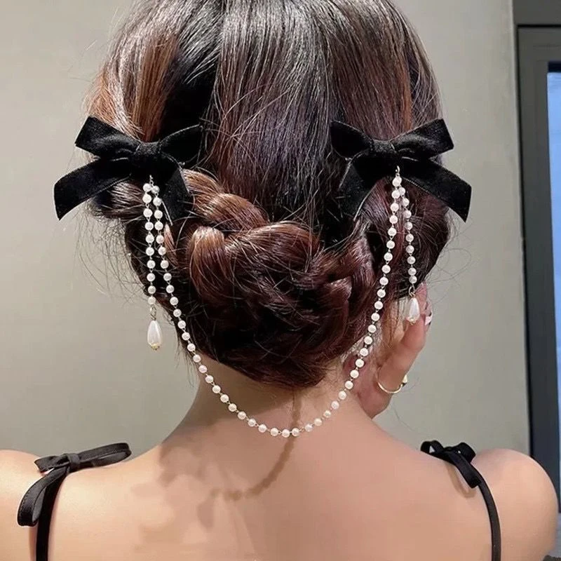 Tassel Elegant Vintage Bow Pearl Chain Hairpins Sweet Hair Decorate Headband Hair Clips For Fashion Hair Accessories