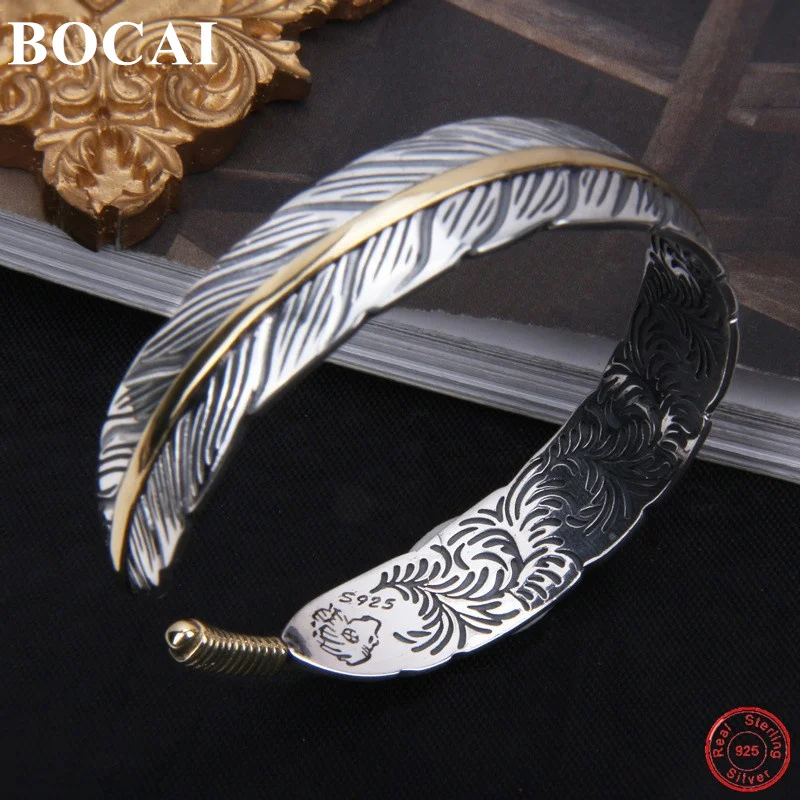 

BOCAI S925 Sterling Silver Charm Bracelets 2021 New Fashion Popular Feather Pure Argentum Opening Bangle for Men Women Lovers