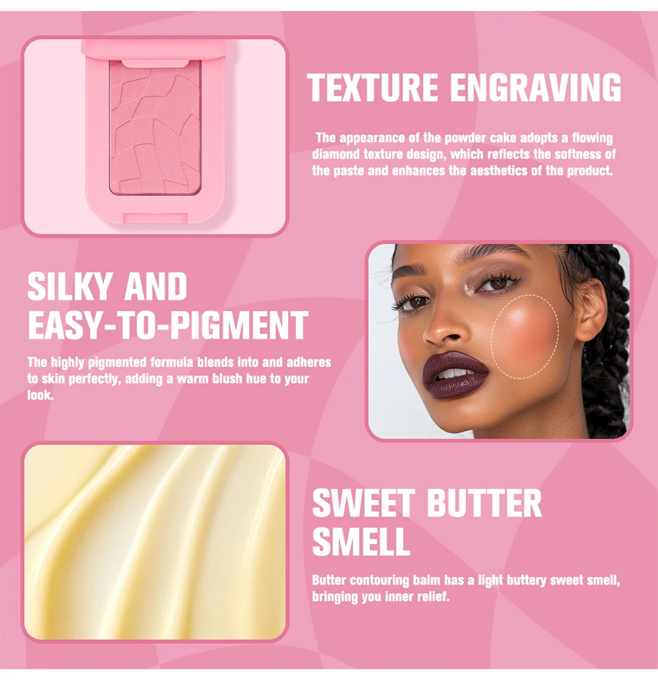 Description Picture 4 of itemPink Matte Butter Powder Blush Beauty Blush Palette High Pigment Facial Blush Powder For Women Long-Lasting Butter Scent Blush