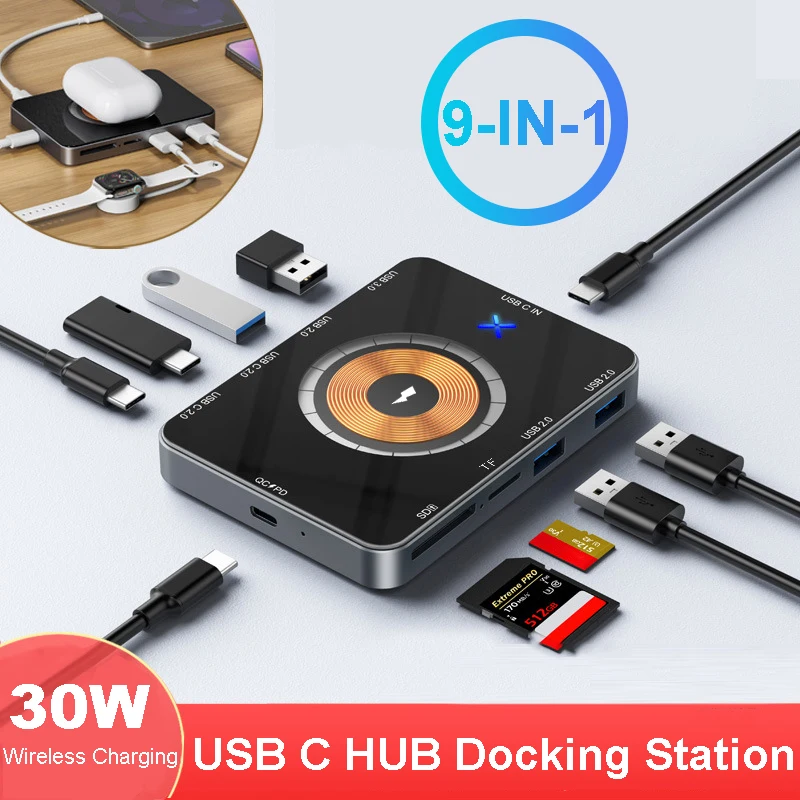 Hub Usb C 9 In 1 30W Ricarica Wireless Tipo C Hub Docking Station Ricarica Rapida Hub Usb 3.0 5Gbps Per Pc Laptop Macbook Pro