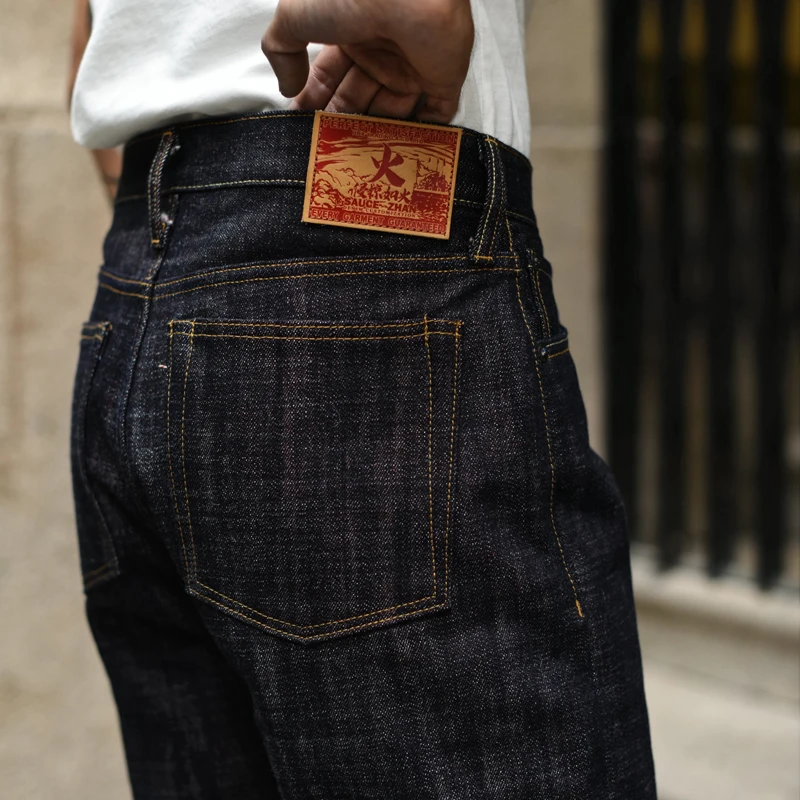 Saucezhan EX315XX-BO-Fire Jeans for Men Furinkazan Selvedge Jeans Mens Jeans Taper Fit 16.8 OZ Silver-plated Buttons Raw Denim 4