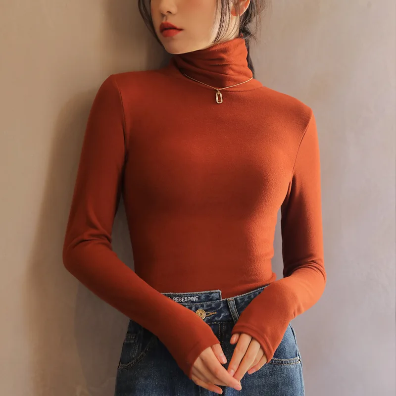 

Autumn Winter Solid Color Fashion Women's T-shirts Long Sleeve Bottom Shirt Skinny High Elastic Turtleneck Pullover Tops