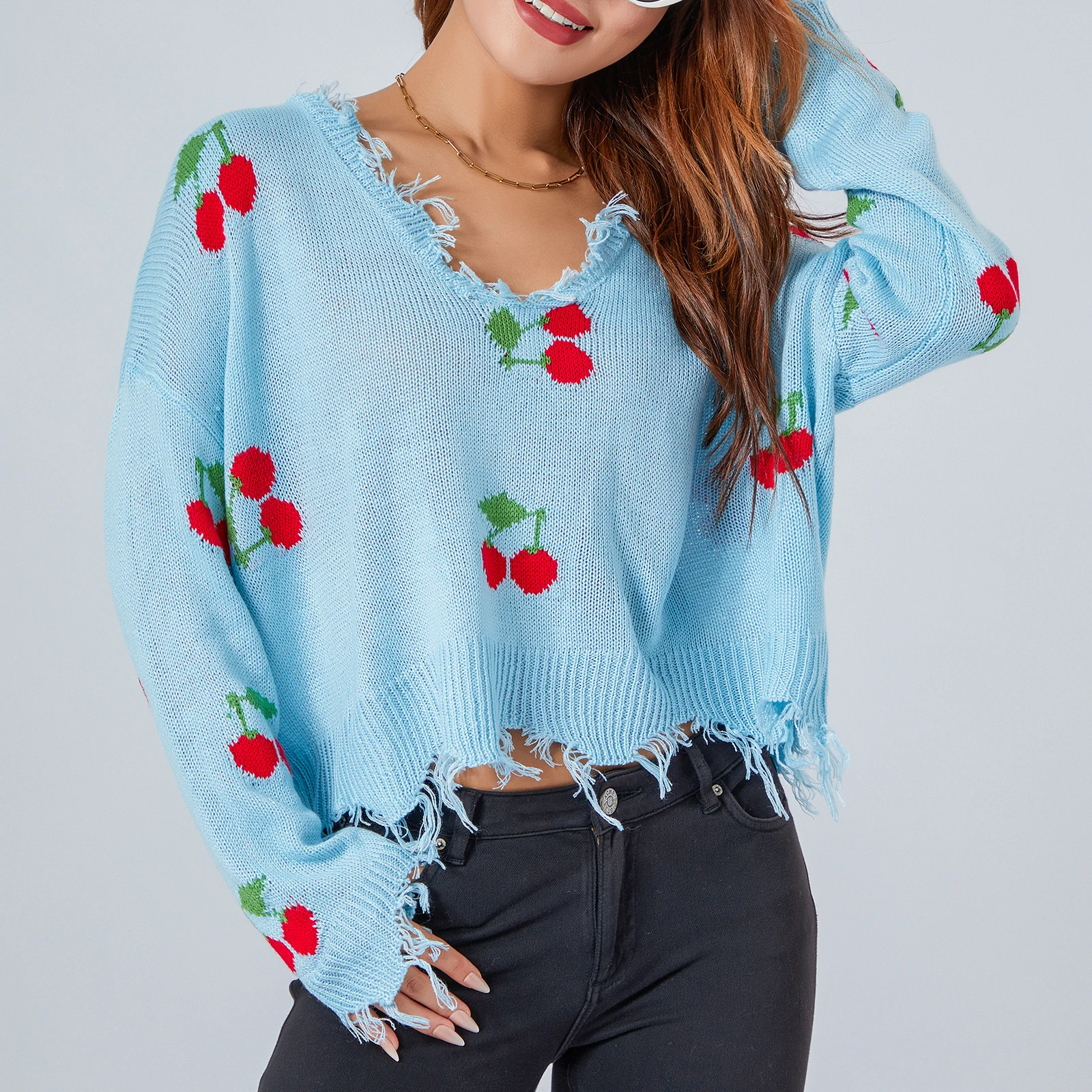 

Casual Cherry Tasseled Knitwear Women Knit Sweater Long Sleeve V Neck Pullover Fall Winter Female Tops Fashion New Loose Clothes