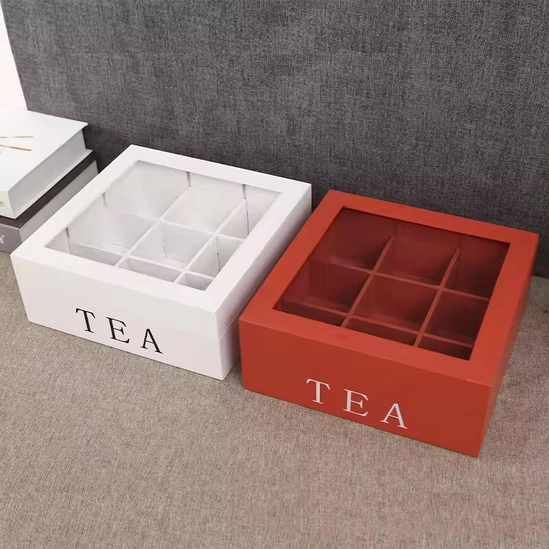 Wood Tea Bag Storage Box With Clear Lid 9 Compartments Square Container Desktop Jewelry Organizer Tea Box Case 4