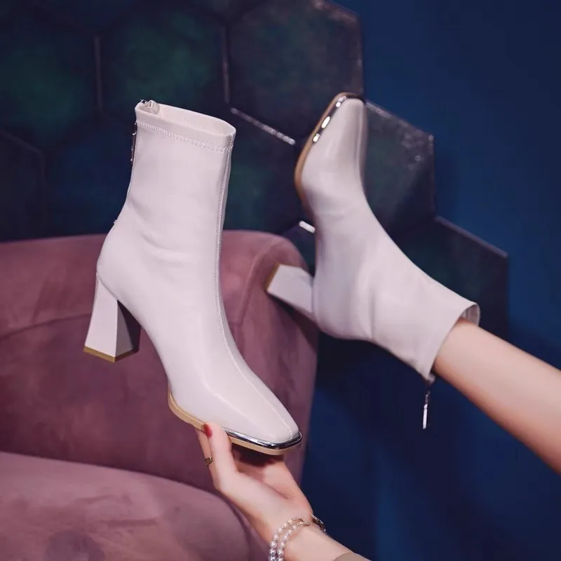 

Женские ботинки на молнии, однотонные ботинки с квадратным носком, на высоком каблуке, осень 2023
