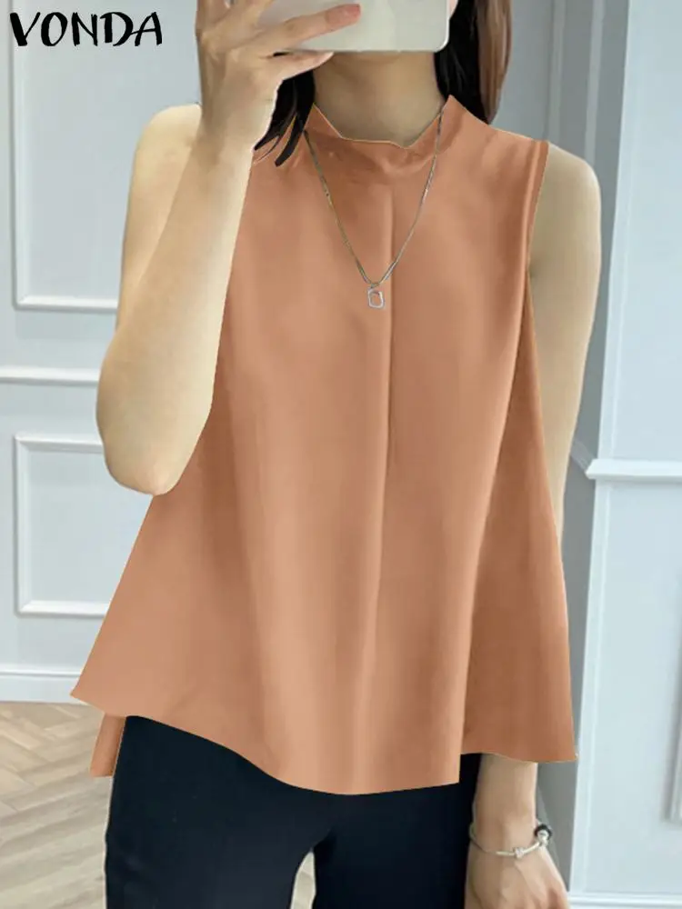 

2024 летняя рубашка VONDA без рукавов, женские блузки, сексуальные элегантные офисные топы, модные повседневные Плиссированные Свободные Однотонные блузки с круглым вырезом