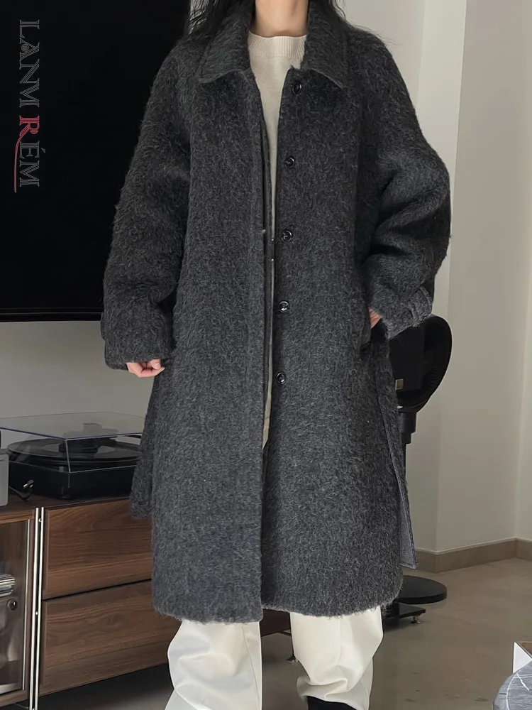 

[LANMREM] Winter Vintage Grey Lapel Wool Overcoat Women Fashion Single Breasted Mid-length Coat Jacket Female Outwear 2024 New
