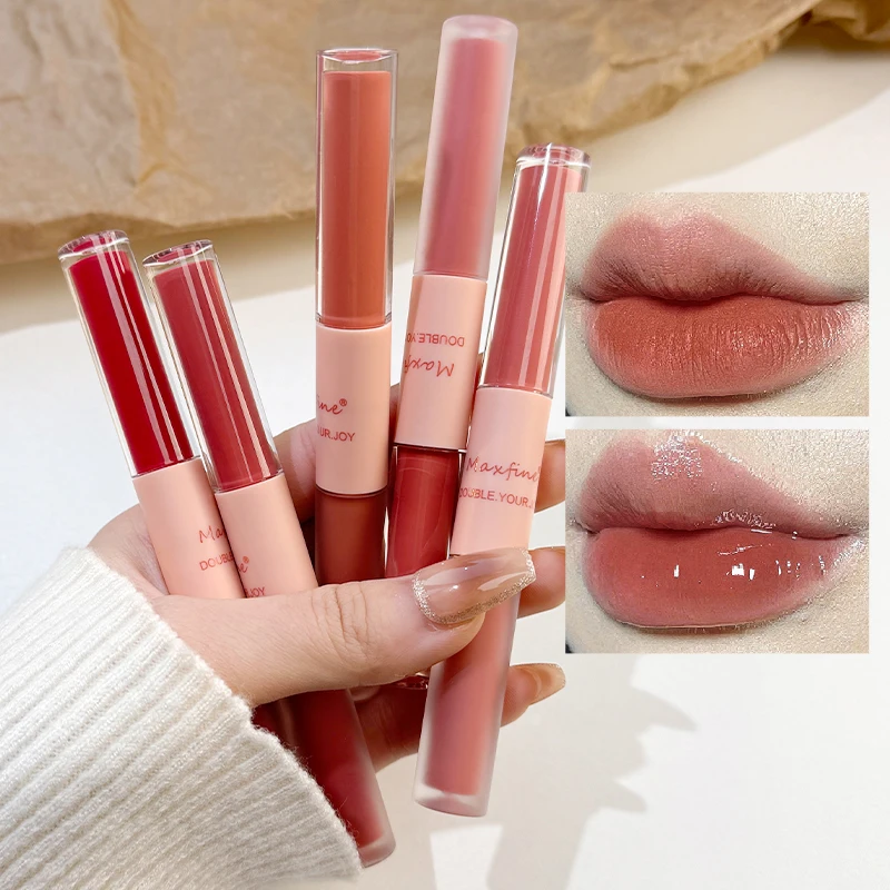 Double End Lip Glaze Espelho Full Gloss E Velvet Matte Long Term Cor e umidade Lip Gloss Anti Stain Cosméticos Lip Glaze 3