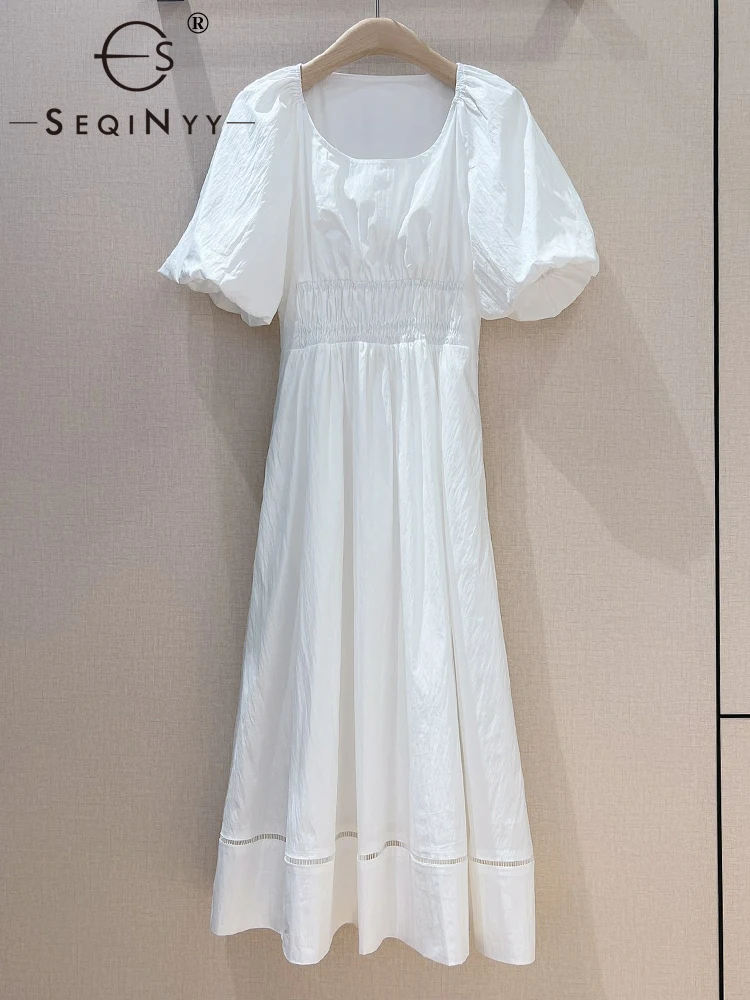 

SEQINYY 65% Cotton Dress Summer Spring New Fashion Design Women Runway High Street Puff Sleeve Hollow Out A-Line Casual