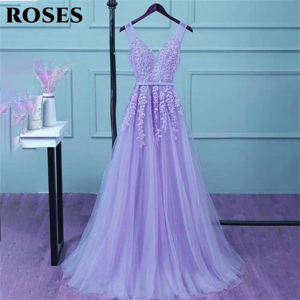 ROSES A-line Lace Evening Dresses V-neck Charming Prom Dress Tank Party Popular Long Dress with Appliques Lace vestidos de noche