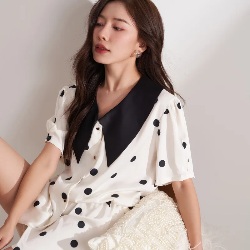 CRLAYDK 2023 Summer Polka Dot Pamas Set for Women Satin Silk Button Down Short Sleeve Sleepwear Bride Soft Pj Loungewear_voghion.com