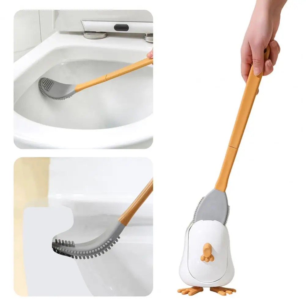 Cartoon Chick Design Toilet Brush with Wall Mounted Holder Bendable Head Silicone Toilet Brush Long Handle Toilet Scrubber