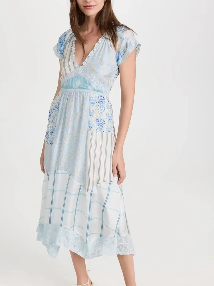 

Gypsylady Floral Elegant Chic Midi Dress Patchwork White Blue V-neck Summer Holiday Sexy Ruffles Women Dresses Ladies Vestidos