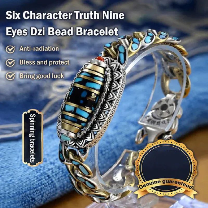 

Turquoise Six Character Mantra Nine Eyed Dzi Bead Bracelet Lucky Men's Bracelet Good Fortune