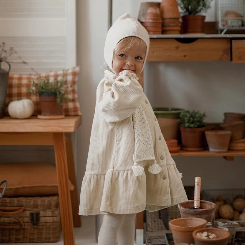Autumn Retro Corduroy Buttons Up Long-Sleeved Dress For Girls New Children's Casual Loose Ruffled Princess Dresses TZ357