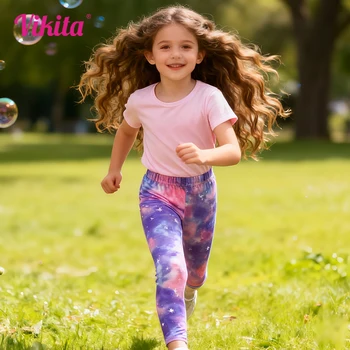 VIKITA Kids Galaxy Print Leggings Kids Vibrant Starry Elastic Waist Trousers Girls Polyester Casual Fashion Pants Outfits 5-8Y 1
