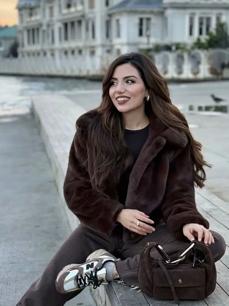 HH Women Casual Brown Short Faux Fur Coat Turn-Down Collar Long Sleeve Jacket 2025 Autumn Winter Loose High Street Outwear