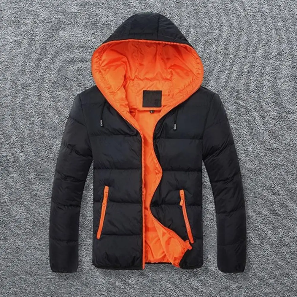 Men Winter Padded Jacket Hooded Drawstring Long Sleeve Cotton Coat Pockets Zipper Placket Slim Thickened