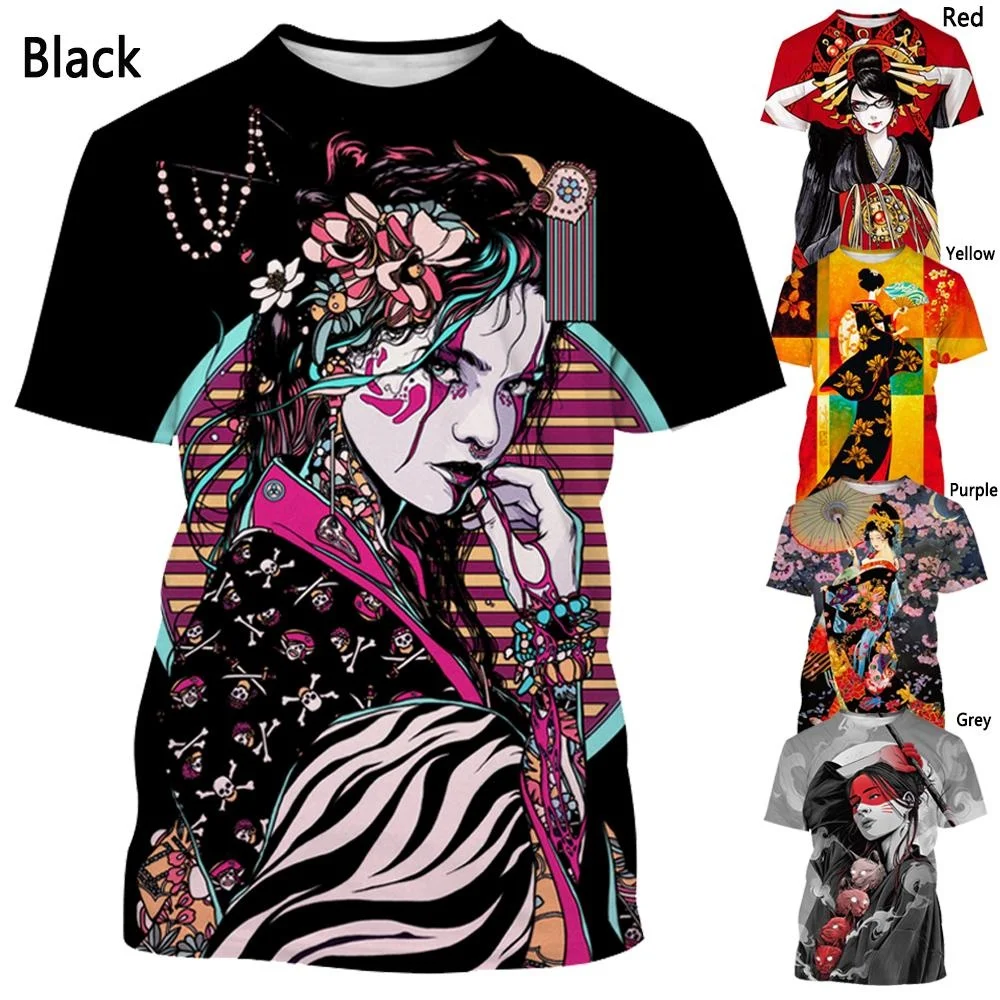 

Summer Casual Short-sleeved Japanese Samurai Geisha 3D Printed T-shirt Men's Round Neck Harajuku Street T-shirt
