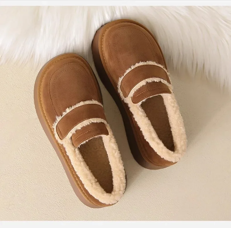 Women's Thick Soled Snow Boots Autumn Winter Plush Boken Shoes Retro Height Increasing Warm Anti Slip Cotton Shoes Loafers