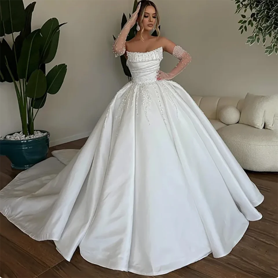 Maßgeschneidertes Elegantes Brautkleid mit Bootshalsausschnitt und Paillettenbesatz 2026 Rückenfreies Illusion-Kleid mit Schleppe aus Tüll – Detail 5