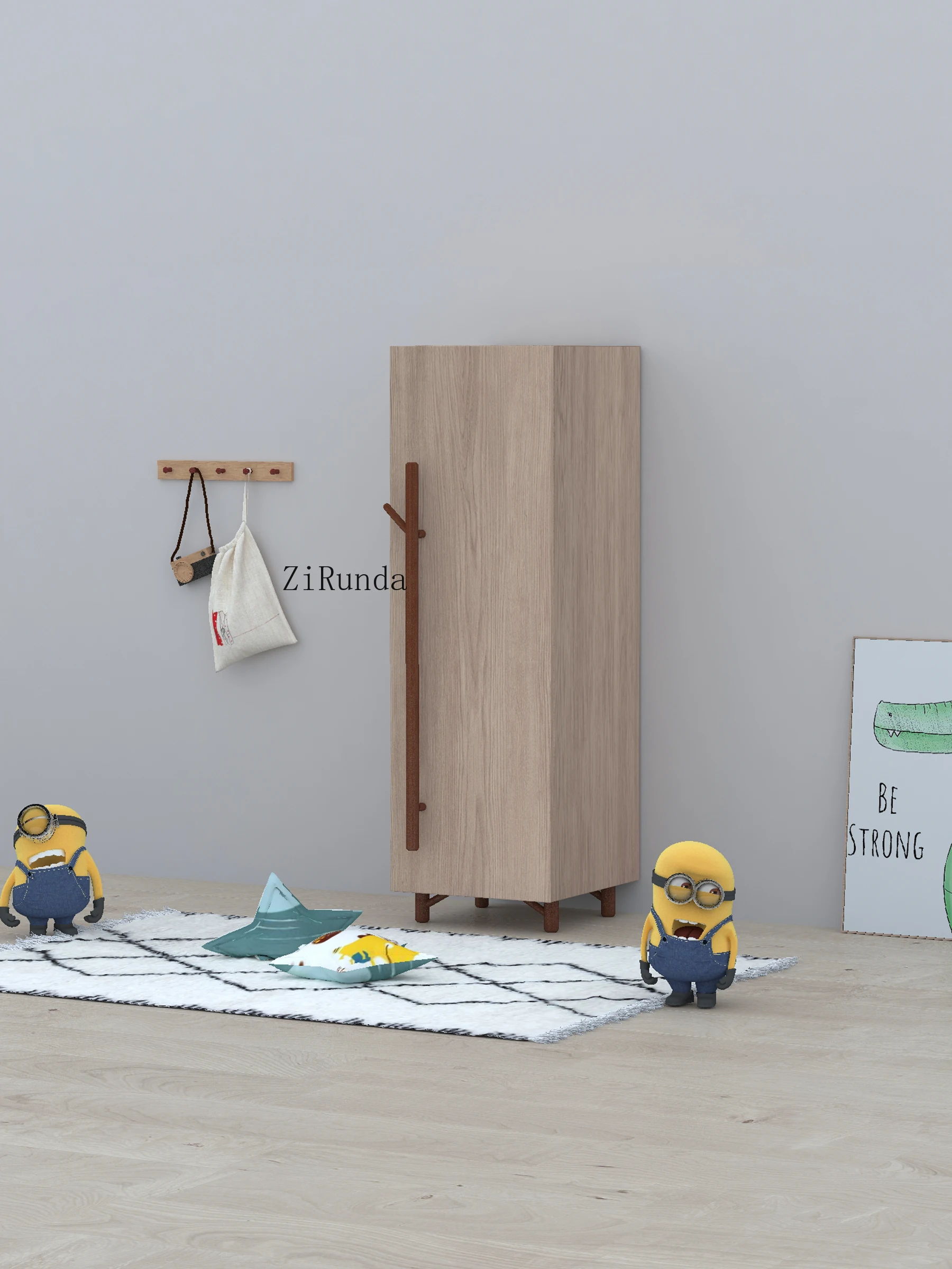 *Full solid wood children's wardrobe cartoon monkey boy girl household bedroom small unit low wardrobe