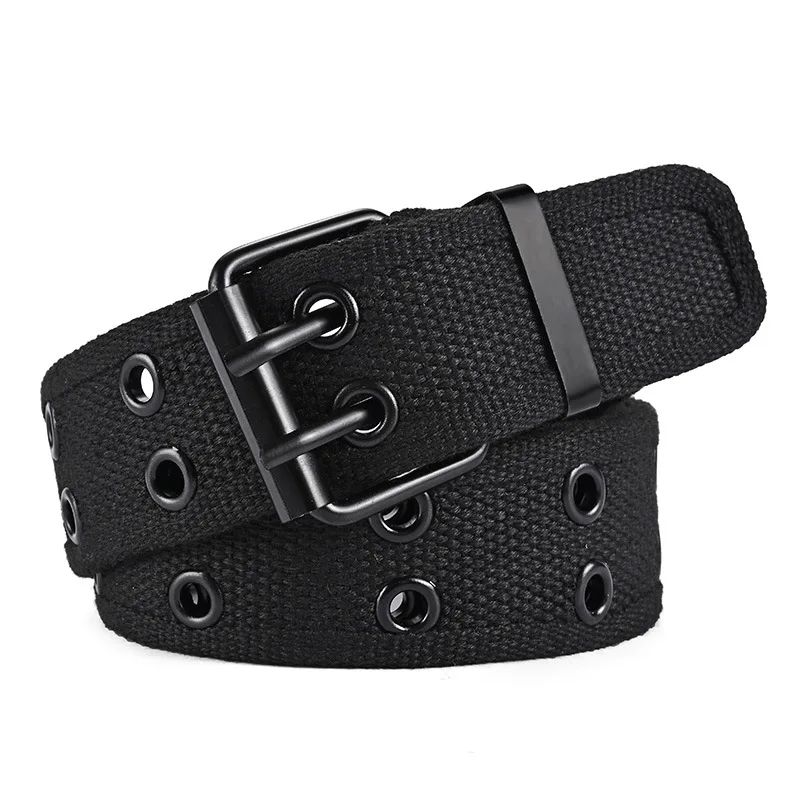 

Black Canvas Belt Double Row Holes Belt Durable Sport Decoration Belt Exquisite Punk Vintage Belts For Women Men